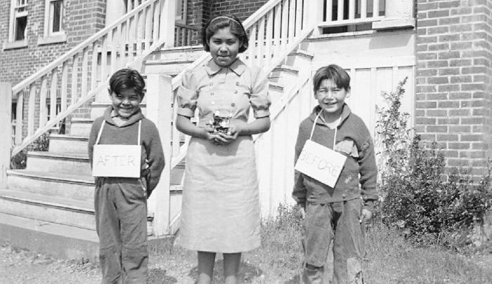 Sewing-room demonstration in activities parade at Alert Bay School
