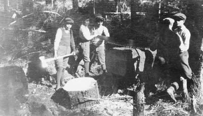 Alert Bay School - Boys sawing and splitting wood
