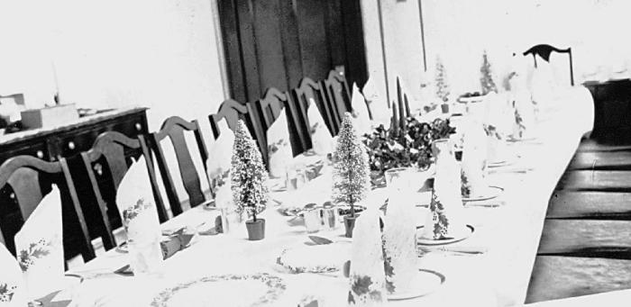 St. Michael's School, Alert Bay, B.C. - staff dining room set for Christmas Dinner