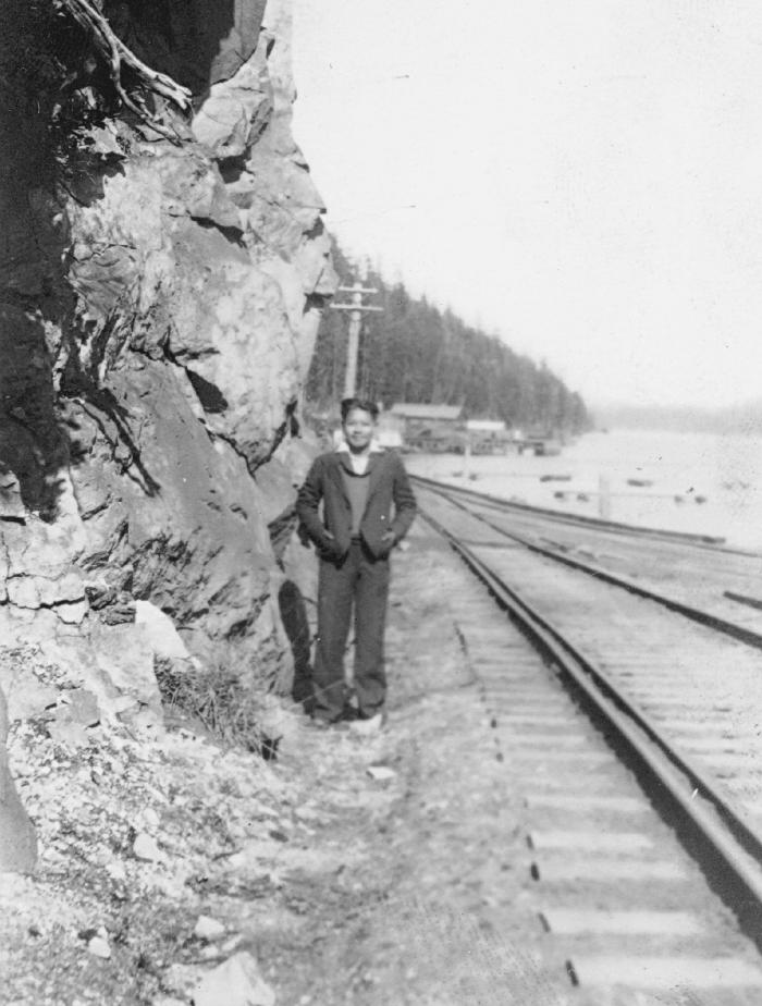 Lumber camp railway line near Alert Bay, B.C.