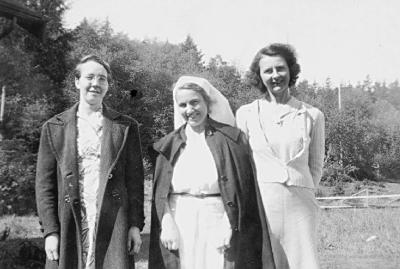 St. Michael's Preventorium, Alert Bay, BC - three staff members, including self [Nurse/Matron] and teacher Heidi (at right)