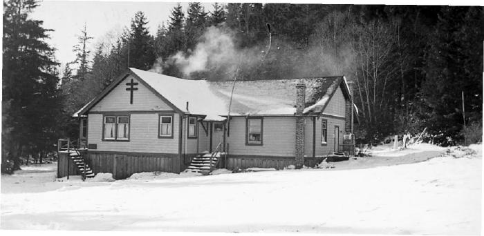 St. Michael's Preventorium, Alert Bay, BC. See my footmarks. I waded through snow to take snap.
