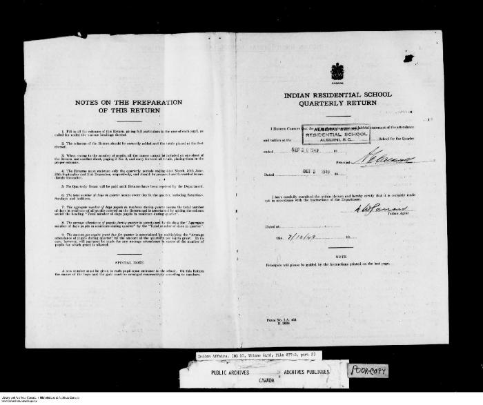 Quarterly Return, 30 September 1949