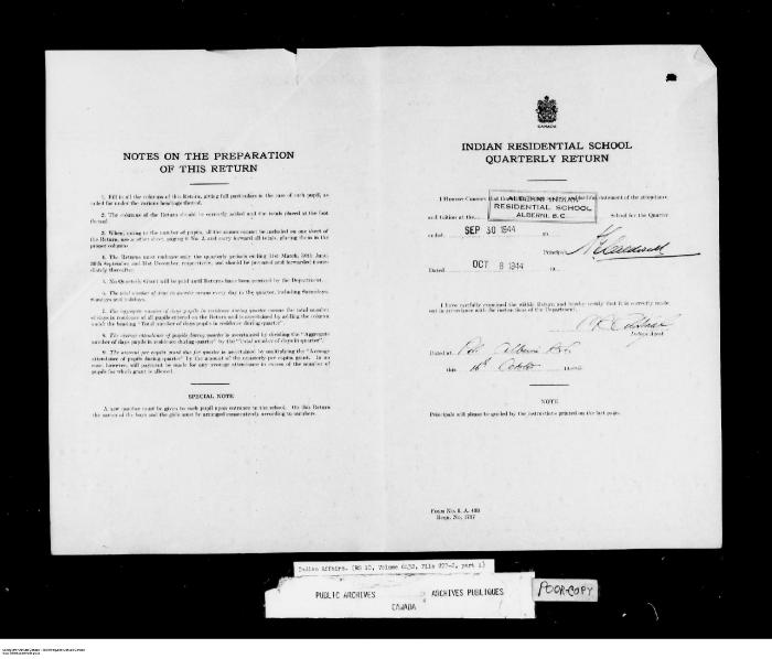 Quarterly Return, 30 September 1944