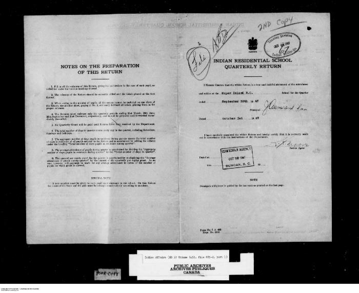 Quarterly Return, 30 September 1947