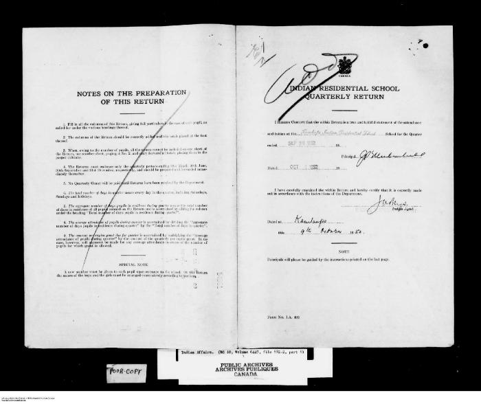 Quarterly Return, 30 September 1952