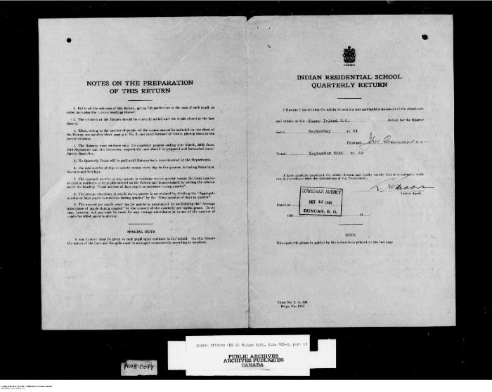 Quarterly Return, 30 September 1944