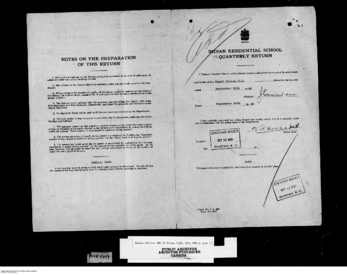 Quarterly Return, 30 September 1950