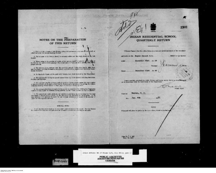 Quarterly Return, 31 December 1949