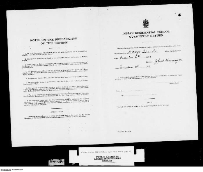 Quarterly Return, 31 December 1949