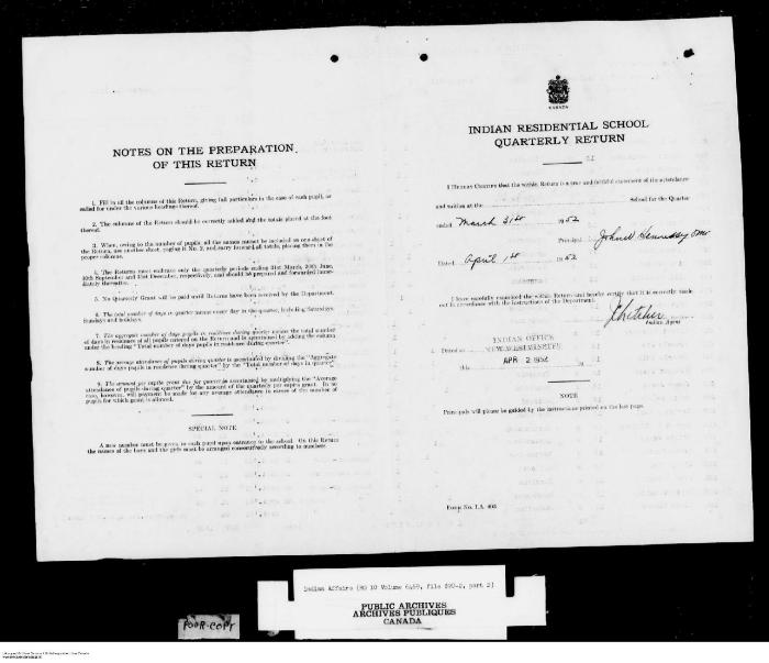 Quarterly Return, 31 March 1952