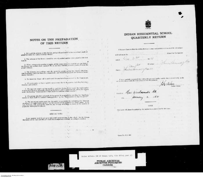 Quarterly Return, 31 December 1951