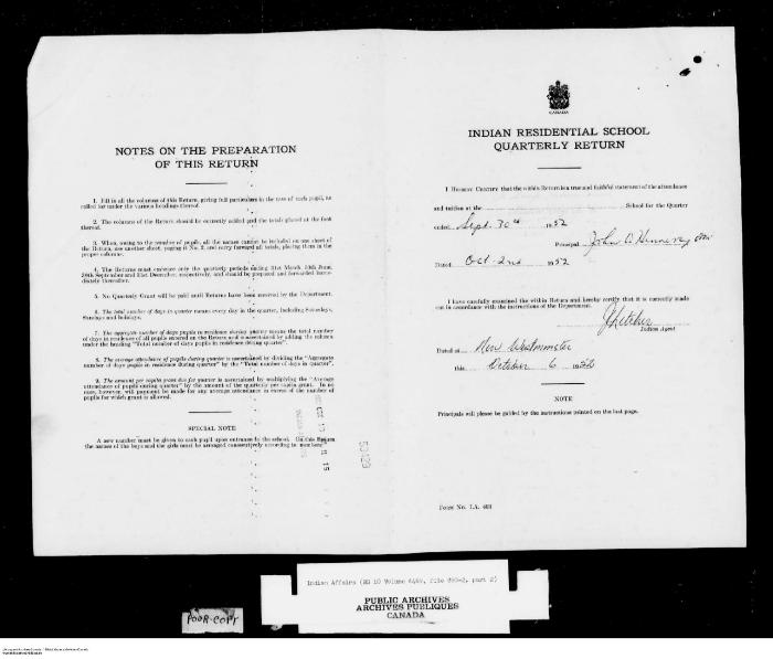 Quarterly Return, 30 September 1952