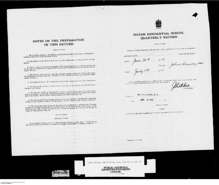 Quarterly Return, 30 June 1952