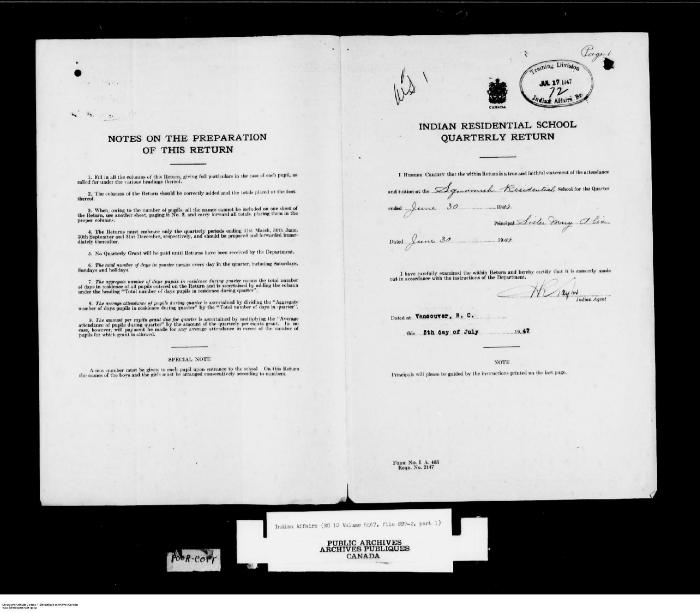 Quarterly Return, 30 June 1947