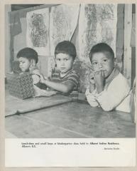 Lunch-time and small boys at kindergarten class held in Alberni Indian Residence, Alberni, B.C.