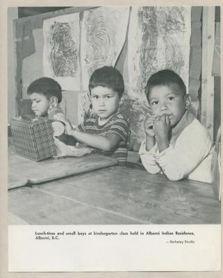 Lunch-time and small boys at kindergarten class held in Alberni Indian Residence, Alberni, B.C.