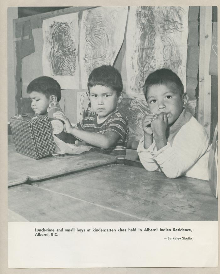 Lunch-time and small boys at kindergarten class held in Alberni Indian Residence, Alberni, B.C.