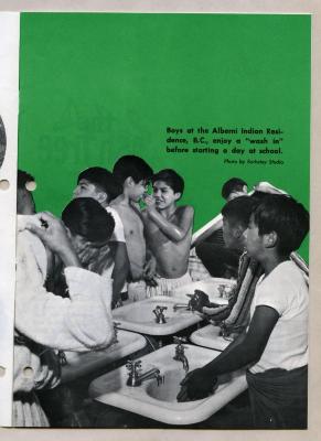 Boys at the Alberni Indian Residence, B.C.,  enjoy a "wash in" before starting a day at school