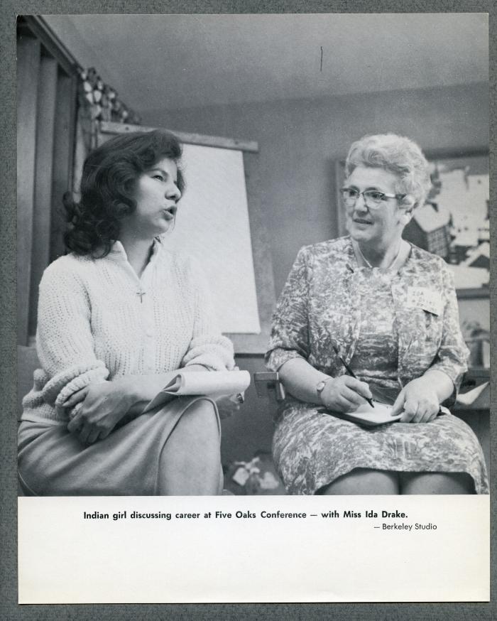 Indian girl discussing career at Five Oaks Conference — with Miss Ida Drake