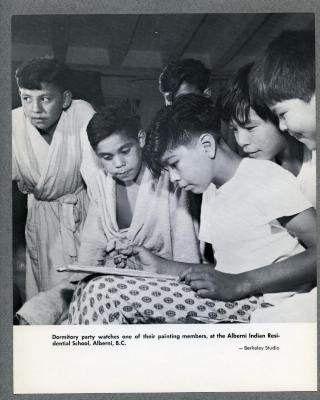 Dormitory party watches one of their painting members at the Alberni Indian Residential School, Alberni, B.C.