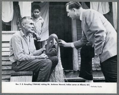 Rev. F. E. Kempling (1964-66) visiting Mr. Ambrose Howard, Indian carver at Alberni, B.C.