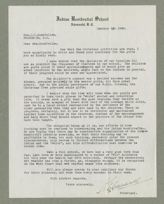 Letter from Principal Caldwell to Mrs. J.C. Goodfellow