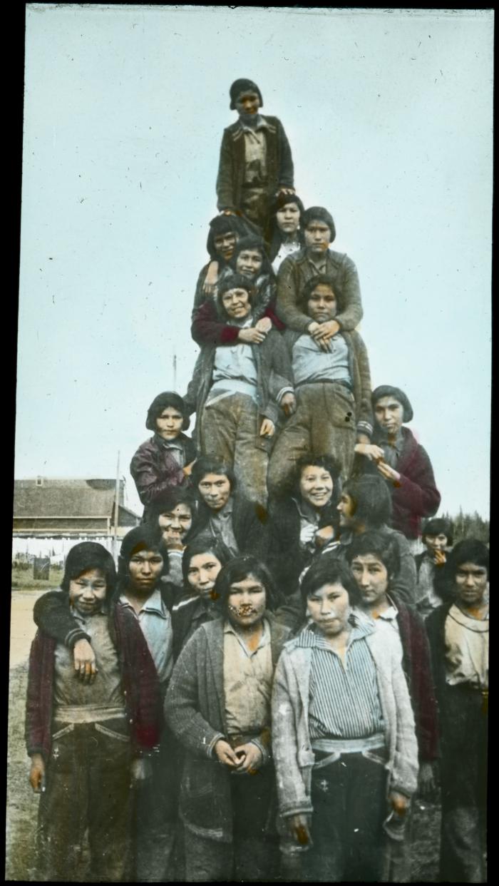 A pyramid of girls from Norway House Indian Residential School