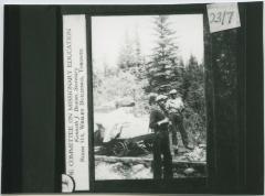 [Between Norway House and Oxford House, a distance of some two hundred miles, there were many portages, some as long as three miles : on this particular portage, there was a railroad track :  goods were loaded on to a small car which then had to be pulled : since there were no bridges one had to hold back just as hard going down hill as [one] had to pull going up]