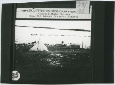 [These are freight canoes from Oxford House arriving at Norway House : they have come to pick up the treaty goods given by the government each summer]