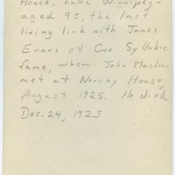 [John Meneno of Norway House, aged 95, the last Cree Indian to remember James Evans]