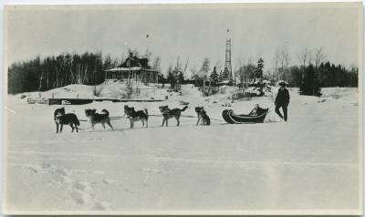 [Woman being pulled in a sleigh by a dog team : the chief fire ... house in the background]
