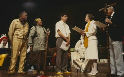 Holding script Anne Squire responds to Alf Dumont for the gift given to the United Church of Canada by ANCC.