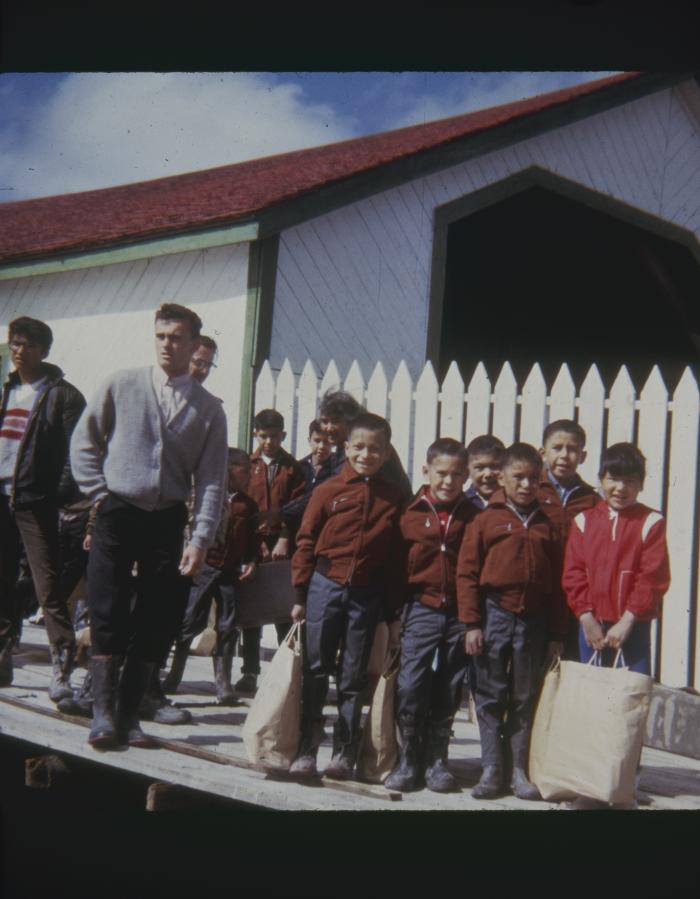Children from the Old Norway Residential School, 1965, going home in June with new jackets