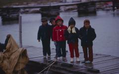5 year olds on dock at Norway House to begin kindergarten and learn English