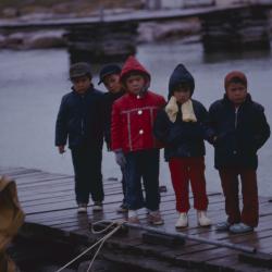5 year olds on dock at Norway House to begin kindergarten and learn English