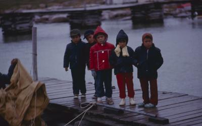 5 year olds on dock at Norway House to begin kindergarten and learn English