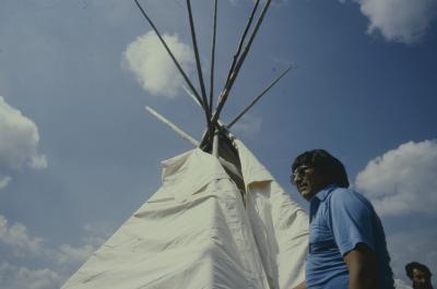 Floyd Steinheuer and friends erecting the teepees in the afternoon of General Council before the formal apology of the 31st General Council
