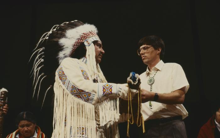 Floyd Steinhauer passes to Alf Dumont an element of worship at the Constitution of ANCC and covenanting service at the 32nd General Council