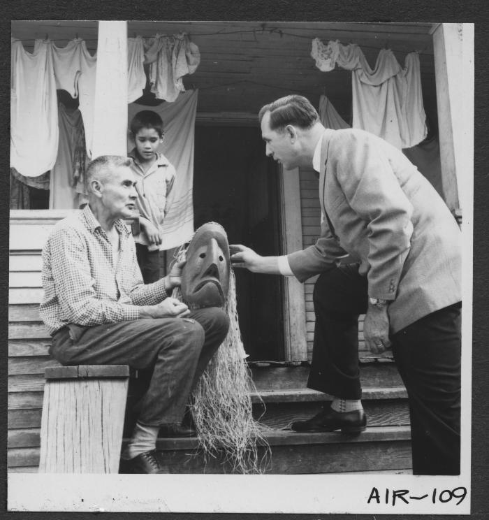 Alberni Indian Residence Alberni, B. C. Rev. F. E. (Ed) Kempling visiting Mr. Ambrose Howard, an Indian carver.