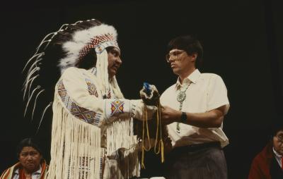 Floyd Steinhauer passes to Alf Dumont an element of worship at the Constitution of ANCC and covenanting service at the 32nd General Council
